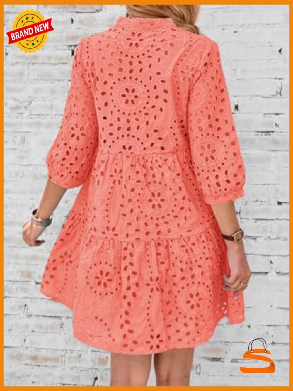Eyelet Lace Midi Dress V Neck Puff 3/4 Sleeve Button Tiered A Line Sun Dress - Picture 6 of 6